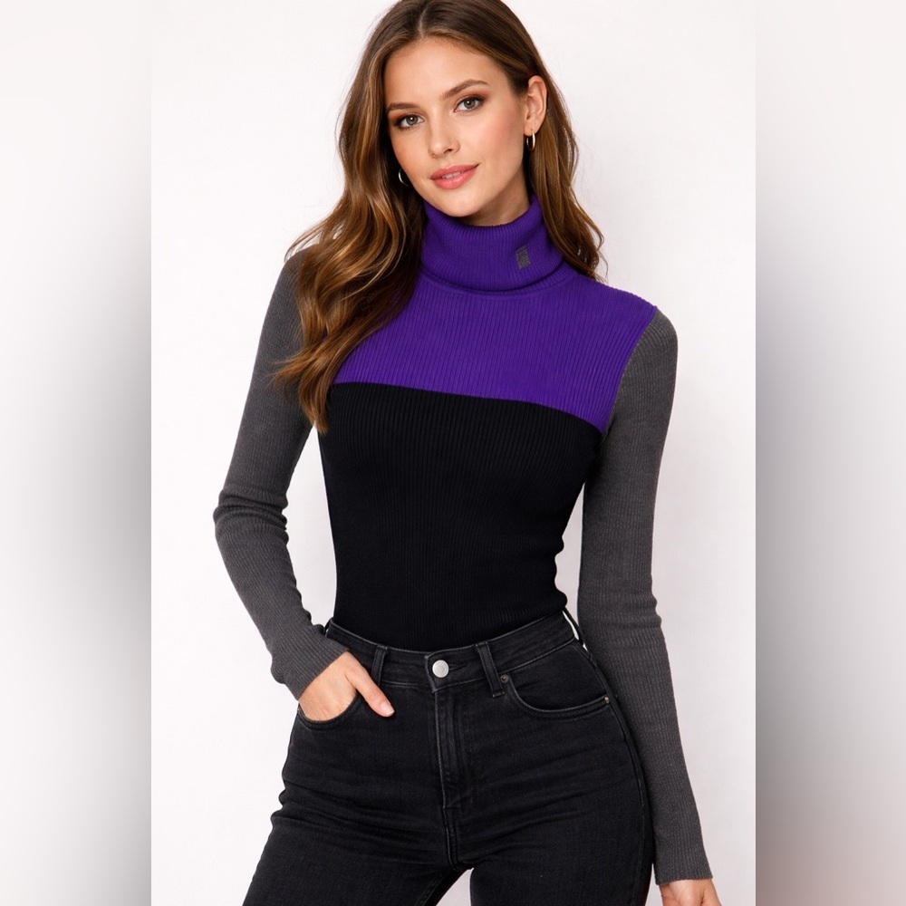 Lauren Ralph Lauren Ribbed Turtleneck Colorblock Purple Black Gray Size L